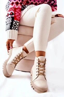 Ocieplane Skórzane Botki Trapery Beżowe Madisson