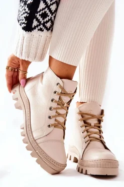 Ocieplane Skórzane Botki Trapery Beżowe Madisson