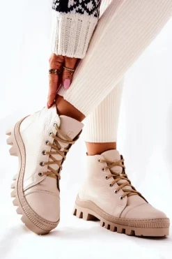 Ocieplane Skórzane Botki Trapery Beżowe Madisson