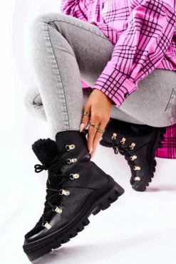 Ocieplane Skórzane Botki Trapery Czarne Cateline