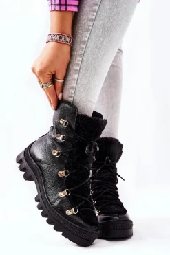 Ocieplane Skórzane Botki Trapery Czarne Cateline