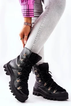 Ocieplane Skórzane Botki Trapery Czarne Cateline