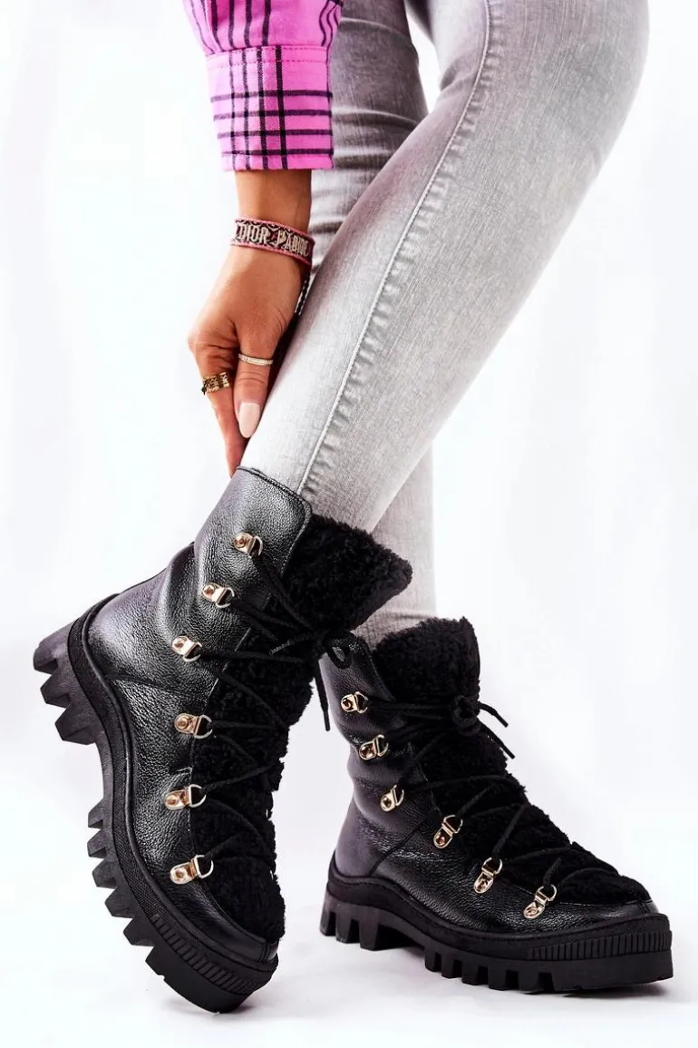 Ocieplane Skórzane Botki Trapery Czarne Cateline