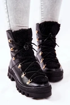 Ocieplane Skórzane Botki Trapery Czarne Cateline