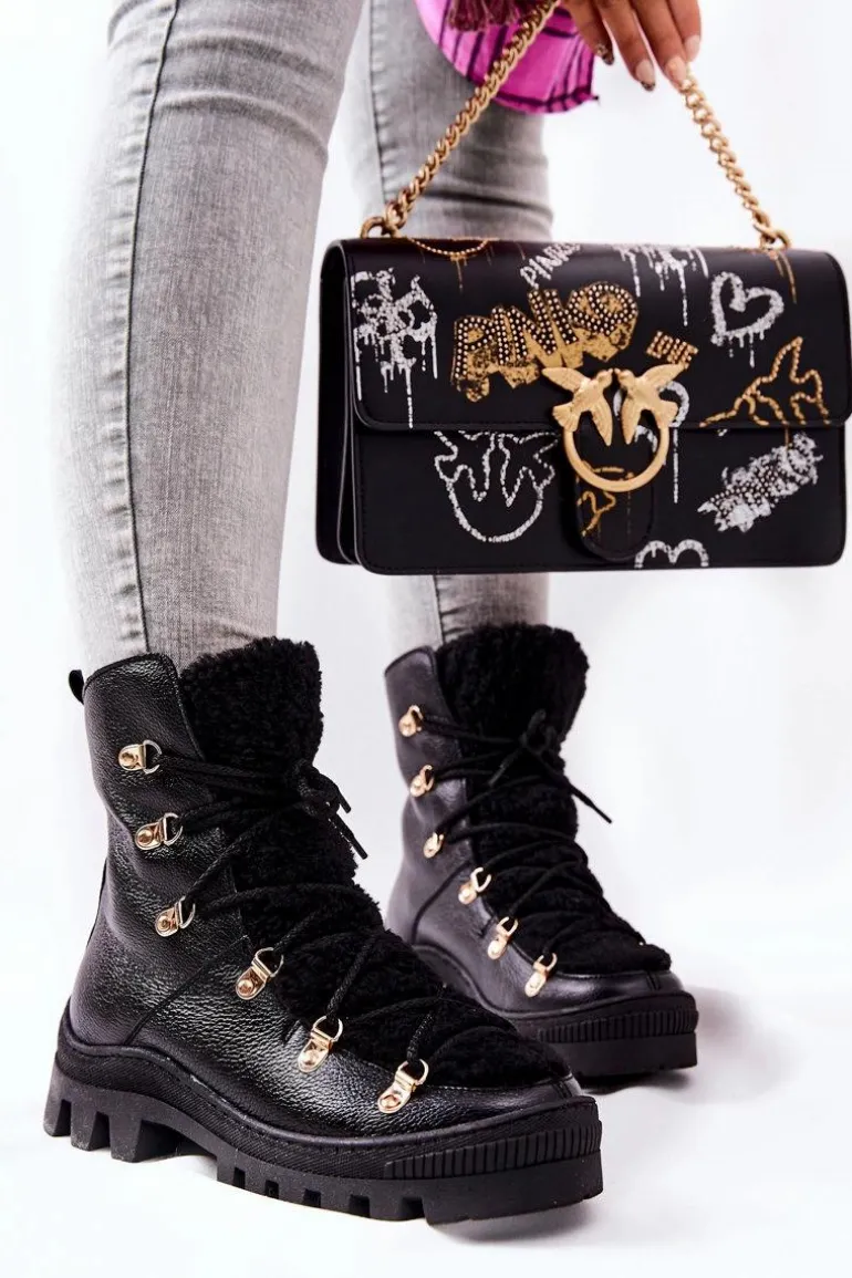 Ocieplane Skórzane Botki Trapery Czarne Cateline