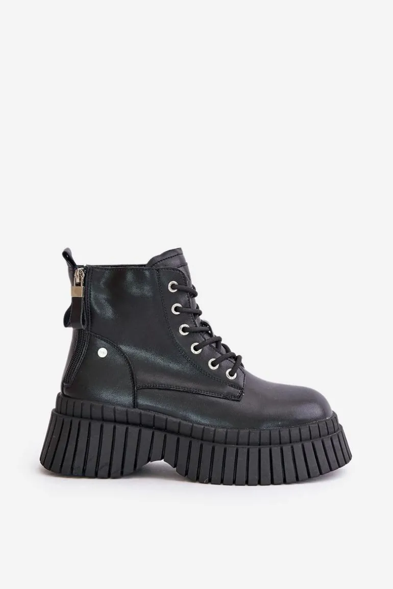 Ocieplane Skórzane Botki Trapery Na Masywnej Podeszwie GOE OO2N4126 Czarne