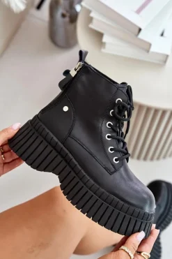 Ocieplane Skórzane Botki Trapery Na Masywnej Podeszwie GOE OO2N4126 Czarne