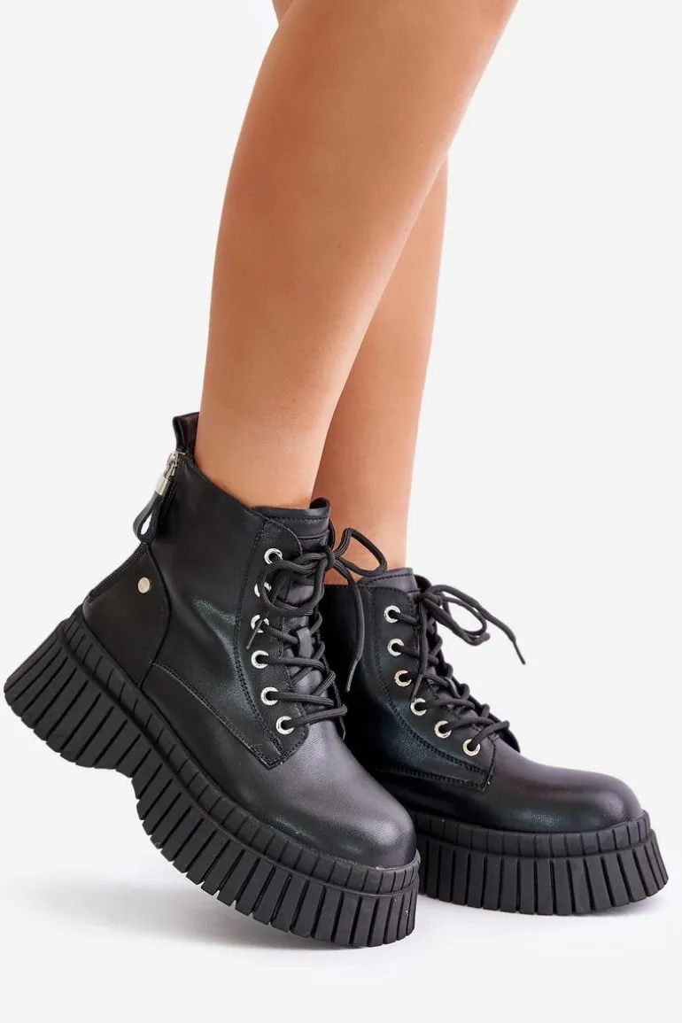 Ocieplane Skórzane Botki Trapery Na Masywnej Podeszwie GOE OO2N4126 Czarne