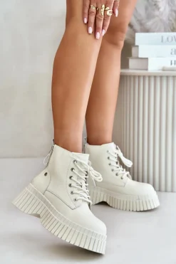 Ocieplane Skórzane Botki Trapery Na Masywnej Podeszwie GOE OO2N4127Jasnobeżowe