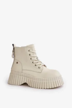 Ocieplane Skórzane Botki Trapery Na Masywnej Podeszwie GOE OO2N4127Jasnobeżowe