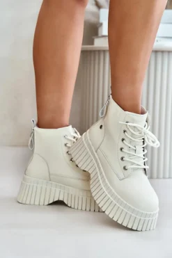 Ocieplane Skórzane Botki Trapery Na Masywnej Podeszwie GOE OO2N4127Jasnobeżowe