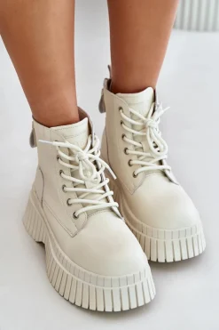 Ocieplane Skórzane Botki Trapery Na Masywnej Podeszwie GOE OO2N4127Jasnobeżowe
