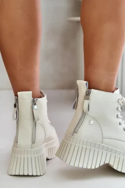 Ocieplane Skórzane Botki Trapery Na Masywnej Podeszwie GOE OO2N4127Jasnobeżowe