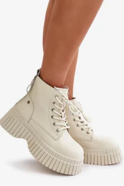 Ocieplane Skórzane Botki Trapery Na Masywnej Podeszwie GOE OO2N4127Jasnobeżowe