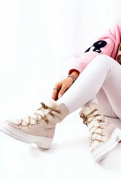 Ocieplane Skórzane Botki Trapery Jasnobeżowe Nerisso