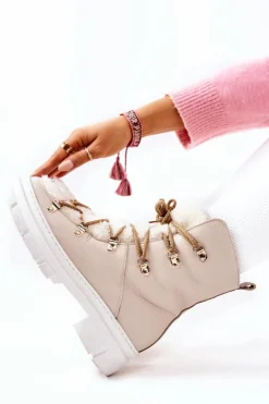 Ocieplane Skórzane Botki Trapery Jasnobeżowe Nerisso