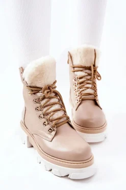 Ocieplane Skórzane Botki Workery Beżowe Lecolly