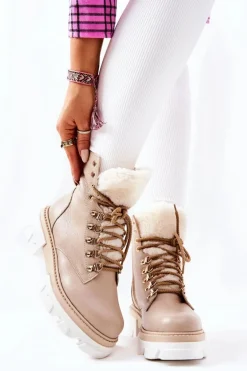 Ocieplane Skórzane Botki Workery Beżowe Lecolly