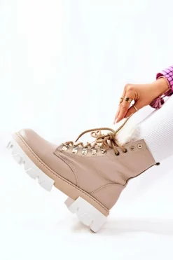 Ocieplane Skórzane Botki Workery Beżowe Lecolly