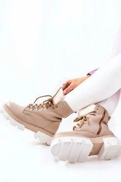 Ocieplane Skórzane Botki Workery Beżowe Lecolly