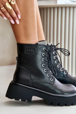 Ocieplane Skórzane Botki Workery Damskie Z Cyrkoniami GOE OO2N4125 Czarne