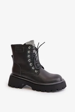 Ocieplane Skórzane Botki Workery Damskie Z Cyrkoniami GOE OO2N4125 Czarne