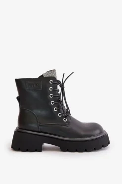 Ocieplane Skórzane Botki Workery Damskie Z Cyrkoniami GOE OO2N4125 Czarne