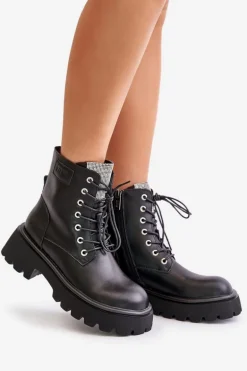 Ocieplane Skórzane Botki Workery Damskie Z Cyrkoniami GOE OO2N4125 Czarne