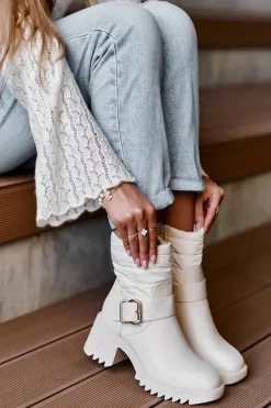 Ocieplane Skórzane Botki Z Klamrą Beżowe Osonia