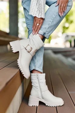 Ocieplane Skórzane Botki Z Klamrą Beżowe Osonia