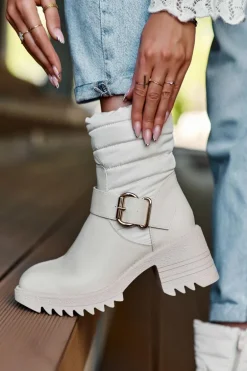 Ocieplane Skórzane Botki Z Klamrą Beżowe Osonia