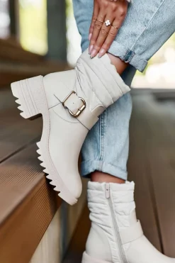 Ocieplane Skórzane Botki Z Klamrą Beżowe Osonia