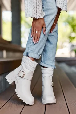 Ocieplane Skórzane Botki Z Klamrą Beżowe Osonia