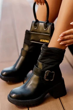 Ocieplane Skórzane Botki Z Klamrą Czarne Osonia