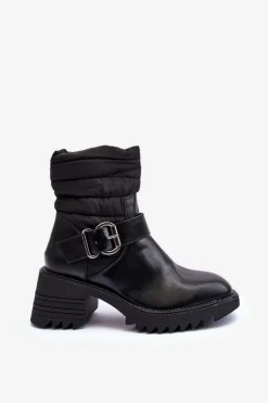 Ocieplane Skórzane Botki Z Klamrą Czarne Osonia