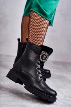 Ocieplane Skórzane Botki Z Ozdobą Czarne Blandi