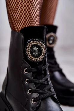 Ocieplane Skórzane Botki Z Ozdobą Czarne Blandi