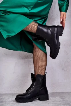 Ocieplane Skórzane Botki Z Ozdobą Czarne Blandi