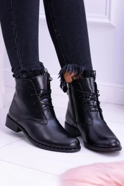 Ocieplane Skórzane Czarne Damskie Botki Z Koronką Millano