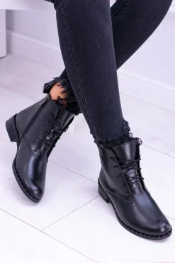 Ocieplane Skórzane Czarne Damskie Botki Z Koronką Millano