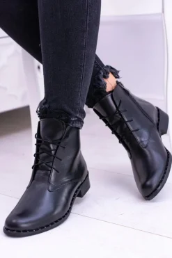 Ocieplane Skórzane Czarne Damskie Botki Z Koronką Millano