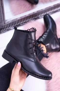 Ocieplane Skórzane Czarne Damskie Botki Z Koronką Millano