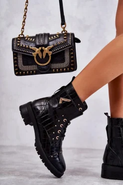 Ocieplane Skórzane Wężowe Botki Czarne Colira