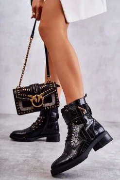 Ocieplane Skórzane Wężowe Botki Czarne Colira