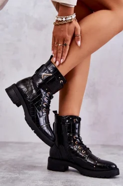 Ocieplane Skórzane Wężowe Botki Czarne Colira