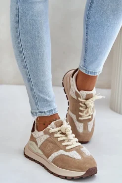 Ocieplane Sneakersy Damskie Skórzane Big Star OO274A317 HI-POLY SYSTEM Beżowe