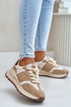 Ocieplane Sneakersy Damskie Skórzane Big Star OO274A317 HI-POLY SYSTEM Beżowe