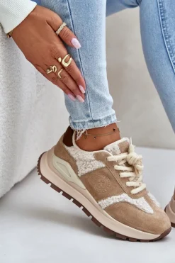 Ocieplane Sneakersy Damskie Skórzane Big Star OO274A317 HI-POLY SYSTEM Beżowe