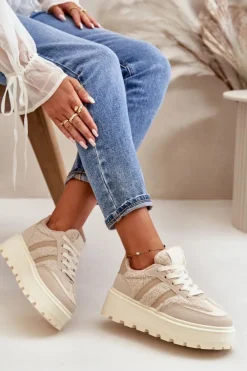 Ocieplane Sneakersy Damskie Na Platformie Z Kożuchem Beżowe Daivlene