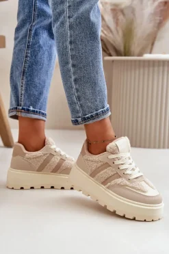 Ocieplane Sneakersy Damskie Na Platformie Z Kożuchem Beżowe Daivlene